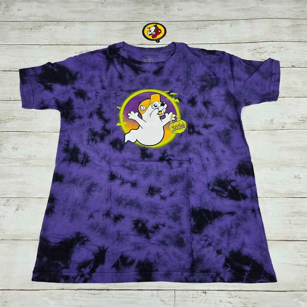 Buc-ees T-Shirt Kids‎ Youth Medium Purple Hey Boo Halloween 2024 Tie Dye Glow